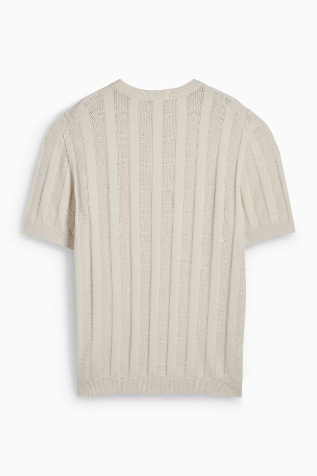 Hommes - Pull en maille - manches courtes - finition côtelée - beige clair