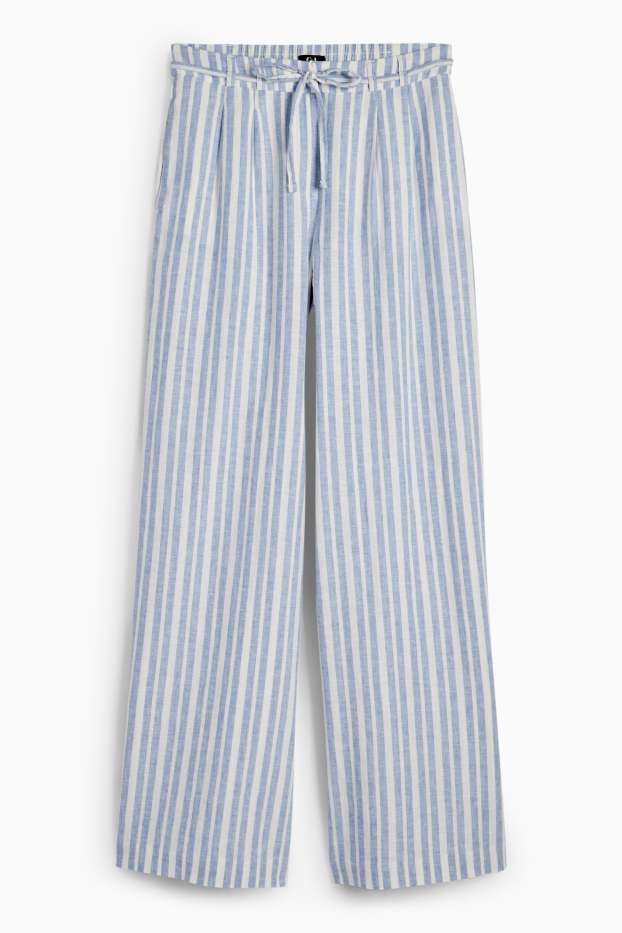 Femmes - Pantalon en toile - high waist - wide leg - lin mélangé - à rayures - bleu clair
