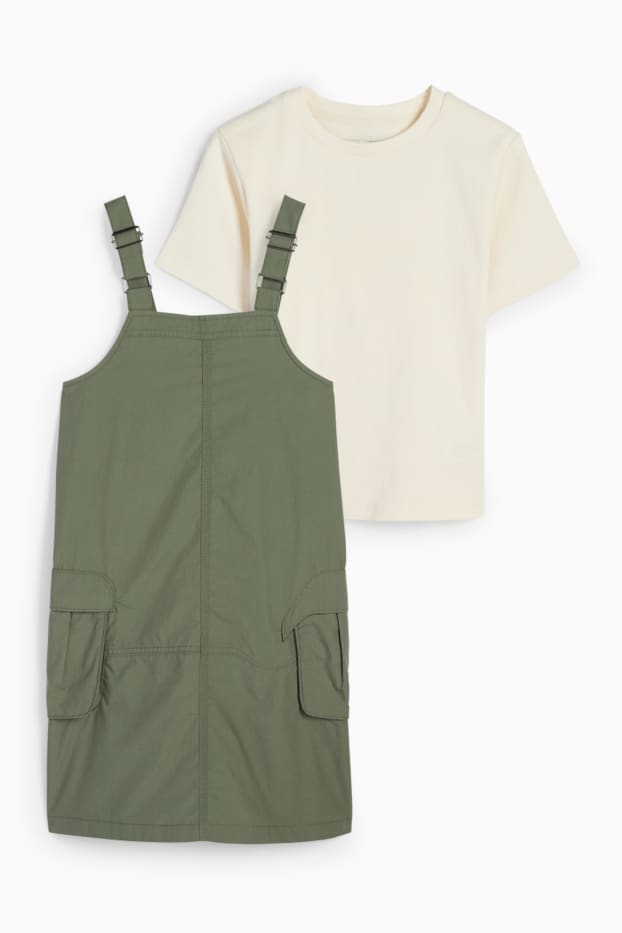 Enfants filles - Ensemble - T-shirt et robe-salopette style cargo - 2 pièces - kaki