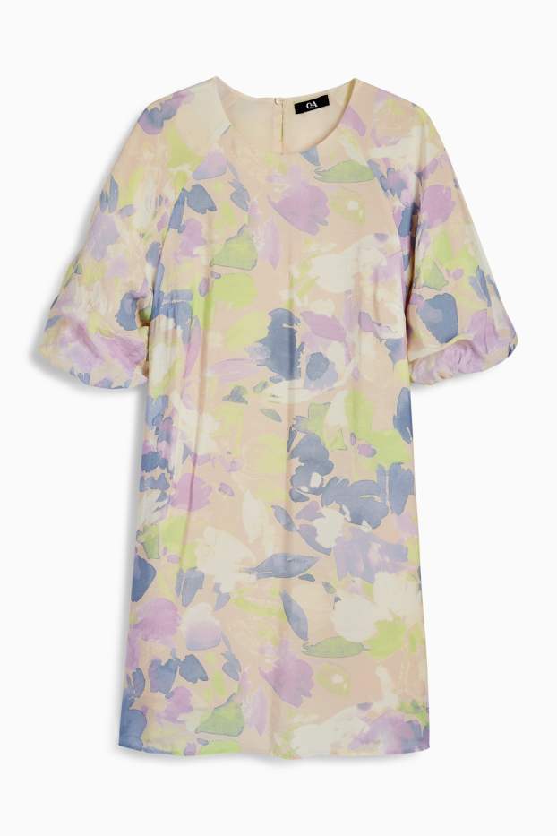 Damen - Kleid mit Puffärmeln - geblümt - hellbeige
