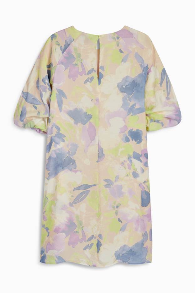 Damen - Kleid mit Puffärmeln - geblümt - hellbeige