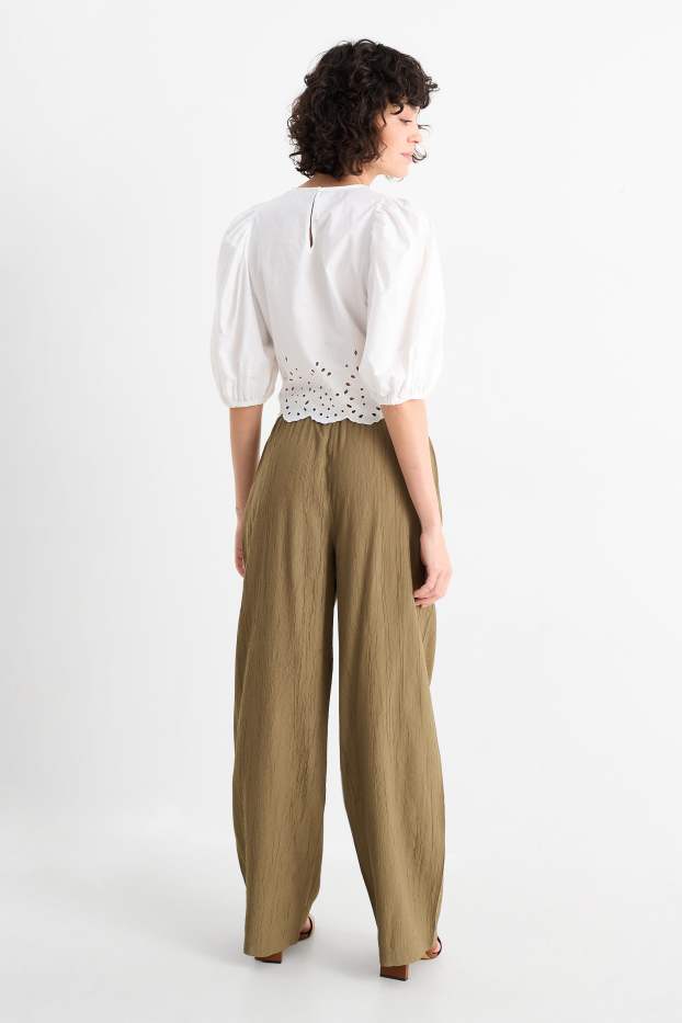 Dámské - Plátěné kalhoty - mid waist - wide leg - khaki