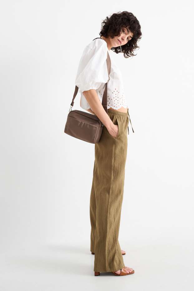 Dámské - Plátěné kalhoty - mid waist - wide leg - khaki
