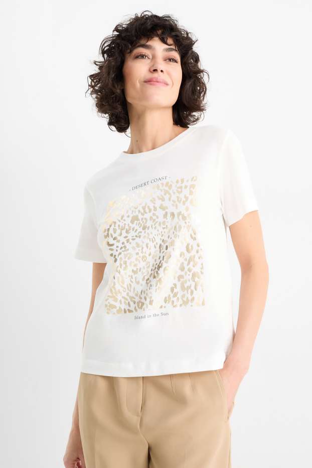 Damen - T-Shirt - Glanz-Effekt - Leo-Print - cremeweiss