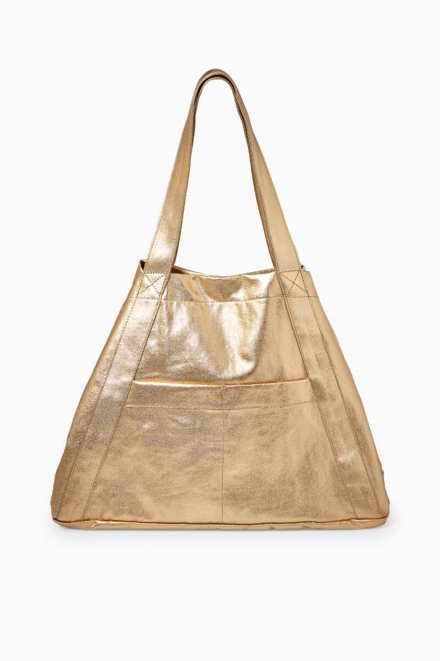 Dámské - Velká kabelka shopper - z lesklého materiálu - zlatá