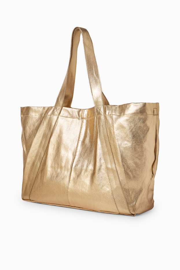Dámské - Velká kabelka shopper - z lesklého materiálu - zlatá