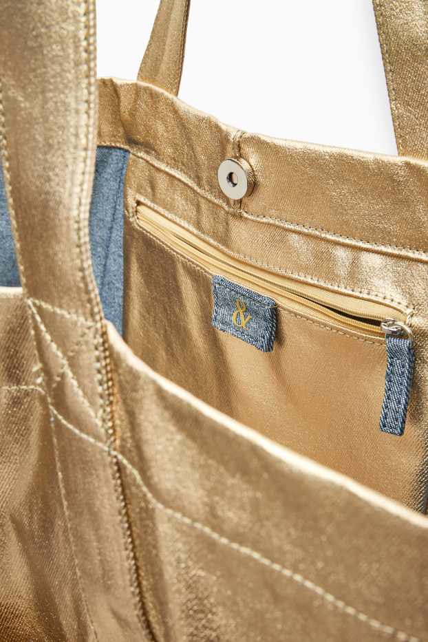Dámské - Velká kabelka shopper - z lesklého materiálu - zlatá