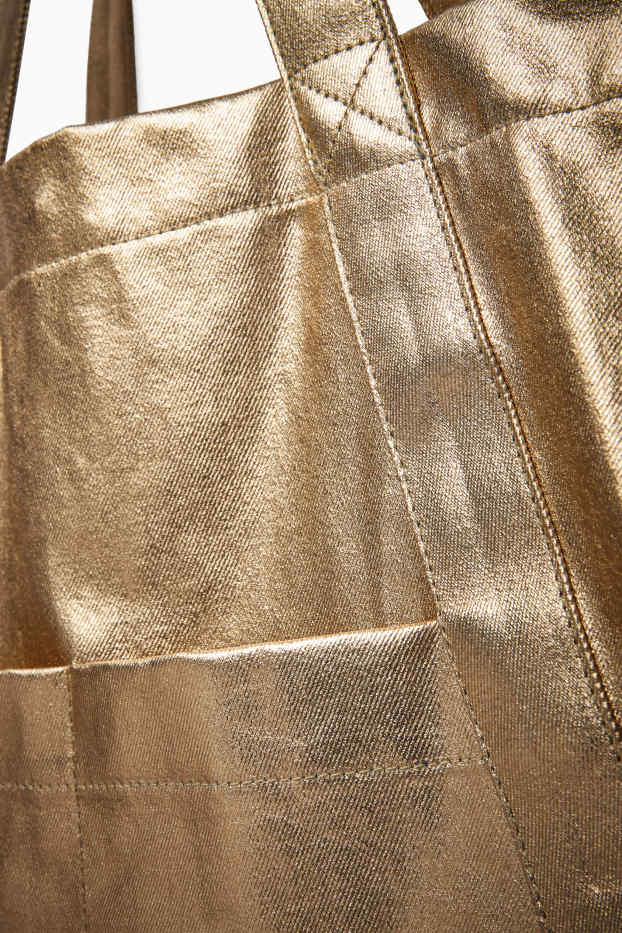 Dámské - Velká kabelka shopper - z lesklého materiálu - zlatá