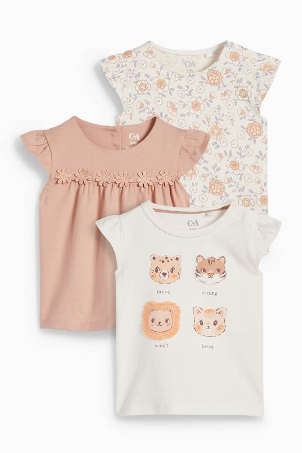 Baby Mädchen - Multipack 3er - Blümchen und Wildtiere - Baby-Kurzarmshirt - cremeweiss