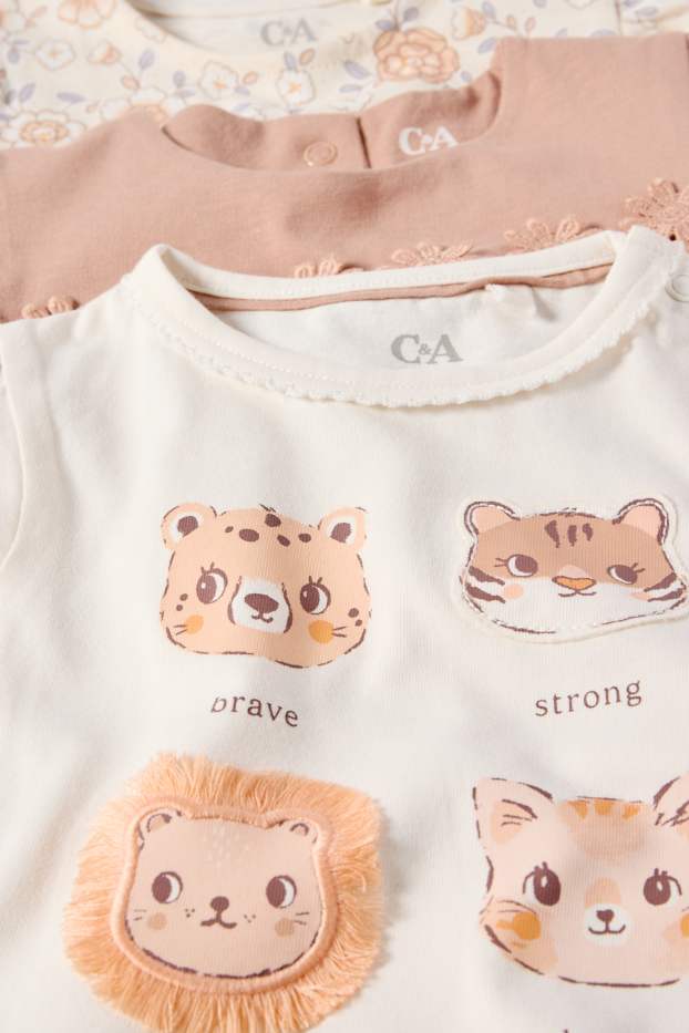 Baby Mädchen - Multipack 3er - Blümchen und Wildtiere - Baby-Kurzarmshirt - cremeweiss