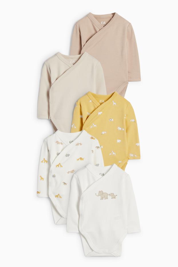 Unisex - Multipack of 5 - wild animals - wrapover baby bodysuit - beige
