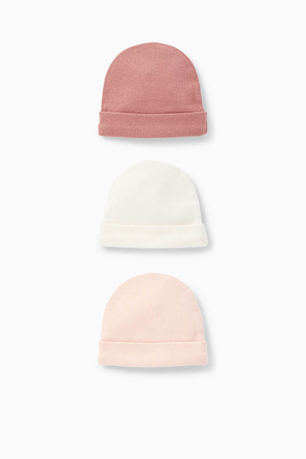 Bébés filles - Lot de 3 - bonnets ronds pour bébé - côtelés - rose foncé