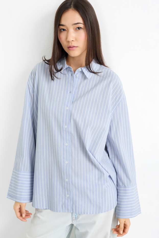 Women - Poplin blouse - striped - light blue