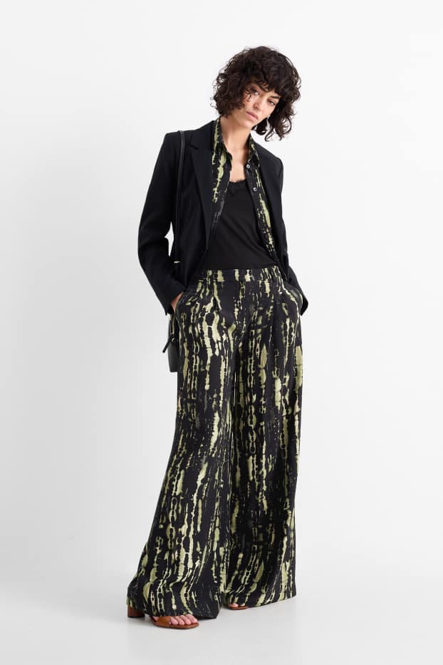 Damen - Stoffhose - High Waist - Wide Leg - gemustert - dunkelgrün / schwarz