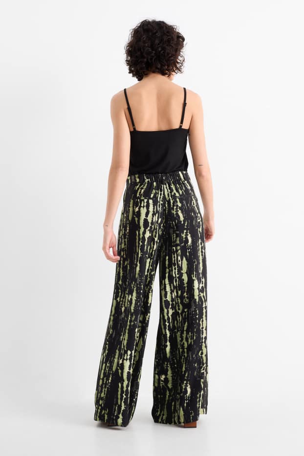 Damen - Stoffhose - High Waist - Wide Leg - gemustert - dunkelgrün / schwarz