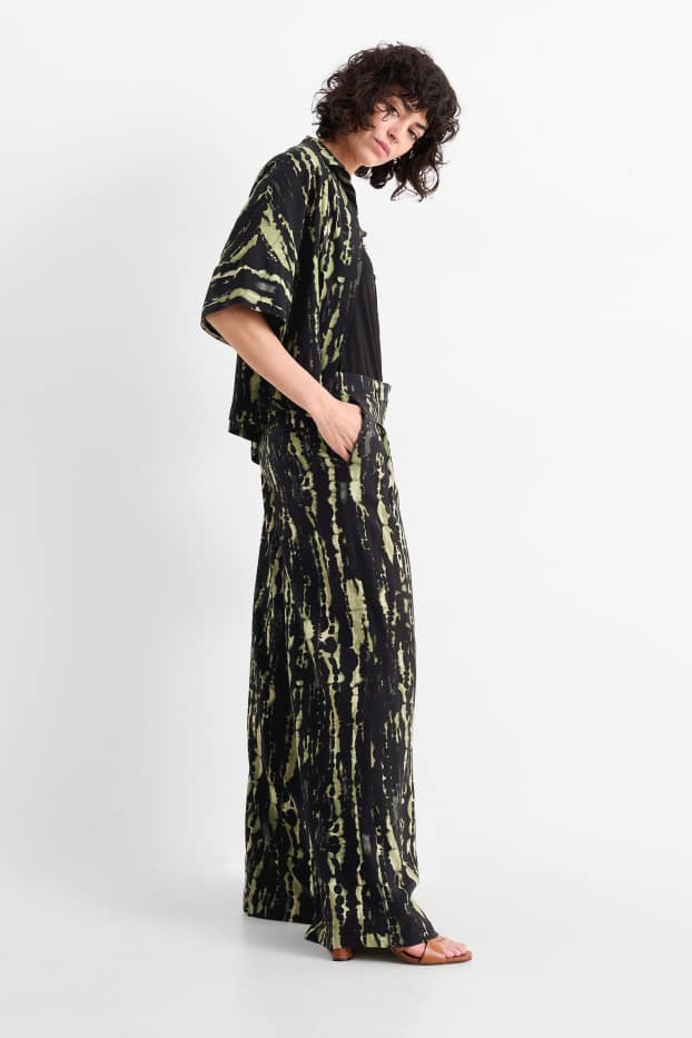 Damen - Stoffhose - High Waist - Wide Leg - gemustert - dunkelgrün / schwarz