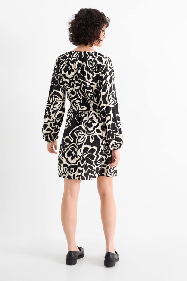 Dona - Vestit de línia A - de flors - negre/beix