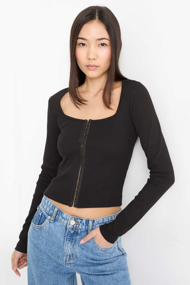 Donna - Maglia a maniche lunghe - a coste - nero