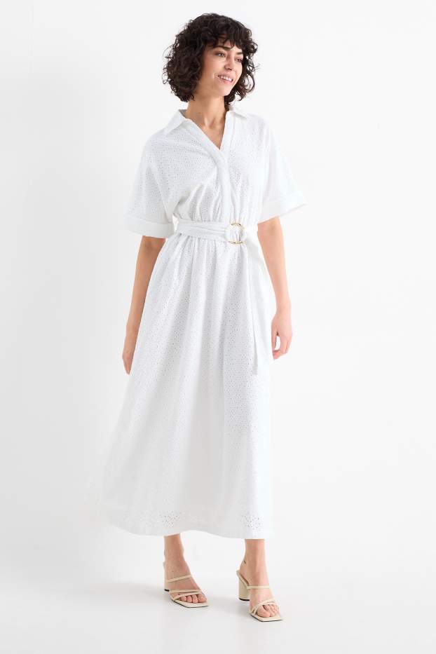 Femmes - Robe-chemise à ceinture - broderie anglaise - blanc