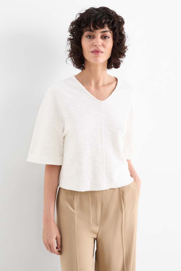 Femmes - T-shirt en bouclé à col V - blanc crème