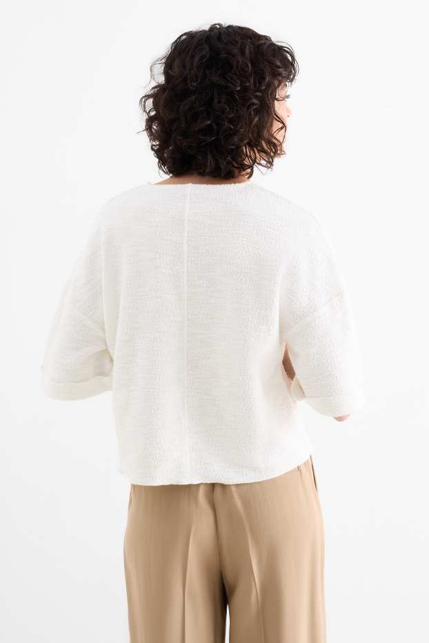 Femmes - T-shirt en bouclé à col V - blanc crème