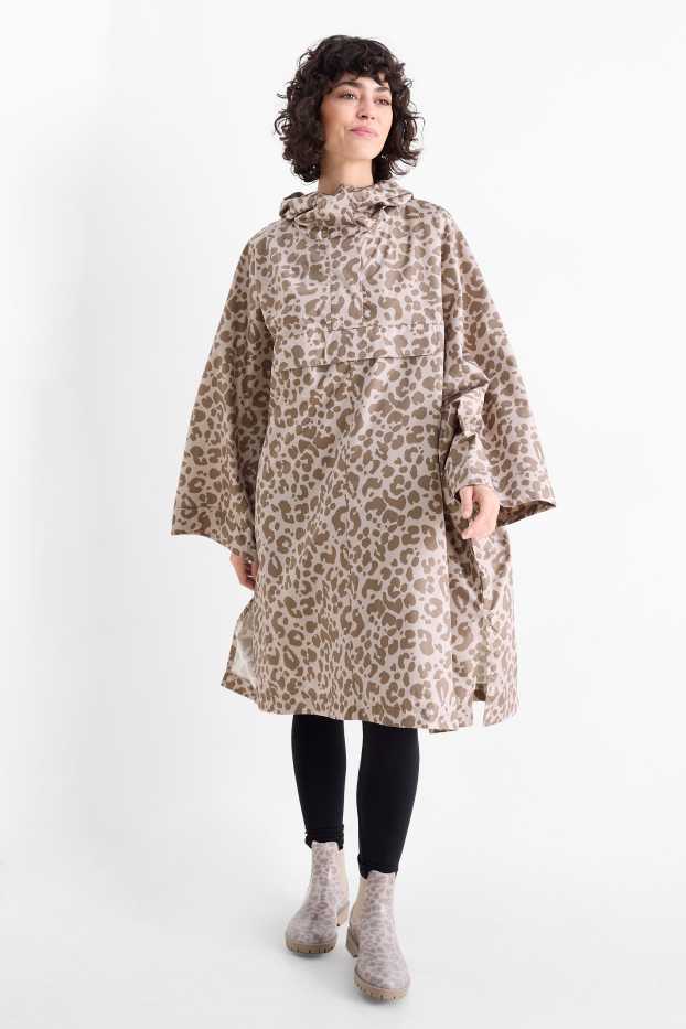 Damen - Cape mit Kapuze - faltbar - wasserabweisend - Leo-Print - taupe