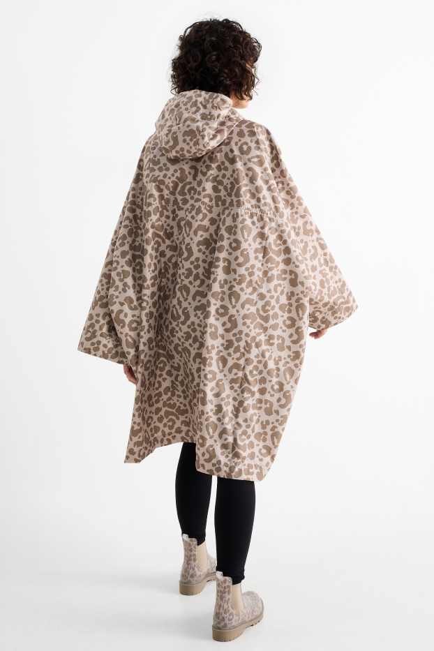 Damen - Cape mit Kapuze - faltbar - wasserabweisend - Leo-Print - taupe