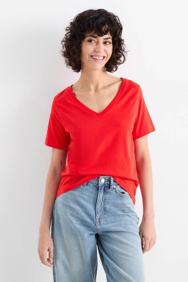 Femmes - T-shirt basique à encolure en V - rouge / blanc crème
