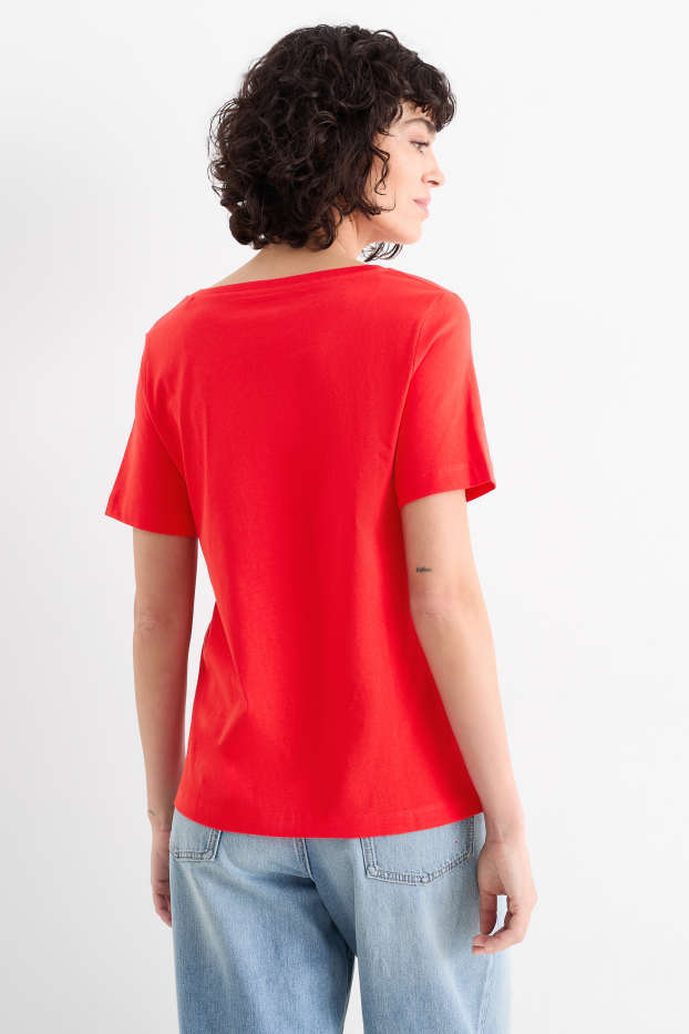 Femmes - T-shirt basique à encolure en V - rouge / blanc crème