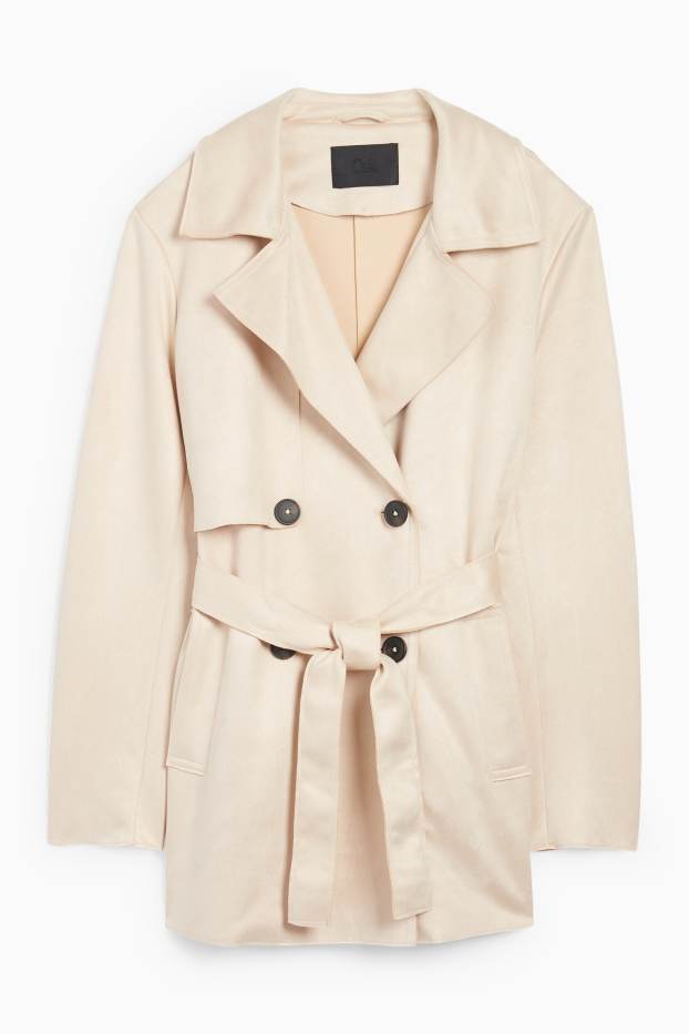 Damen - Kurzer Trenchcoat - Velourslederimitat - hellbeige