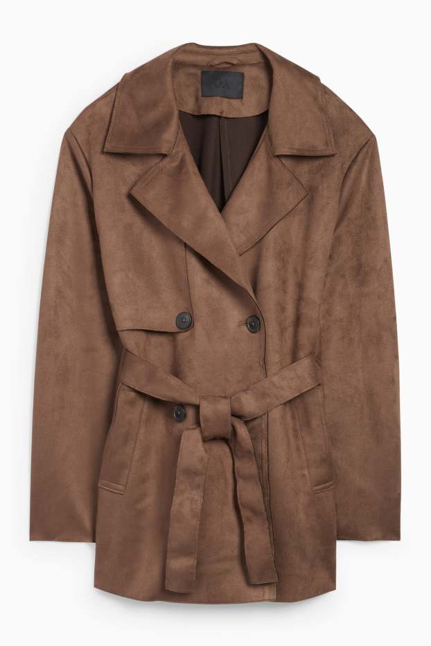 Dames - Korte trenchcoat - imitatiesuède - donkerbruin