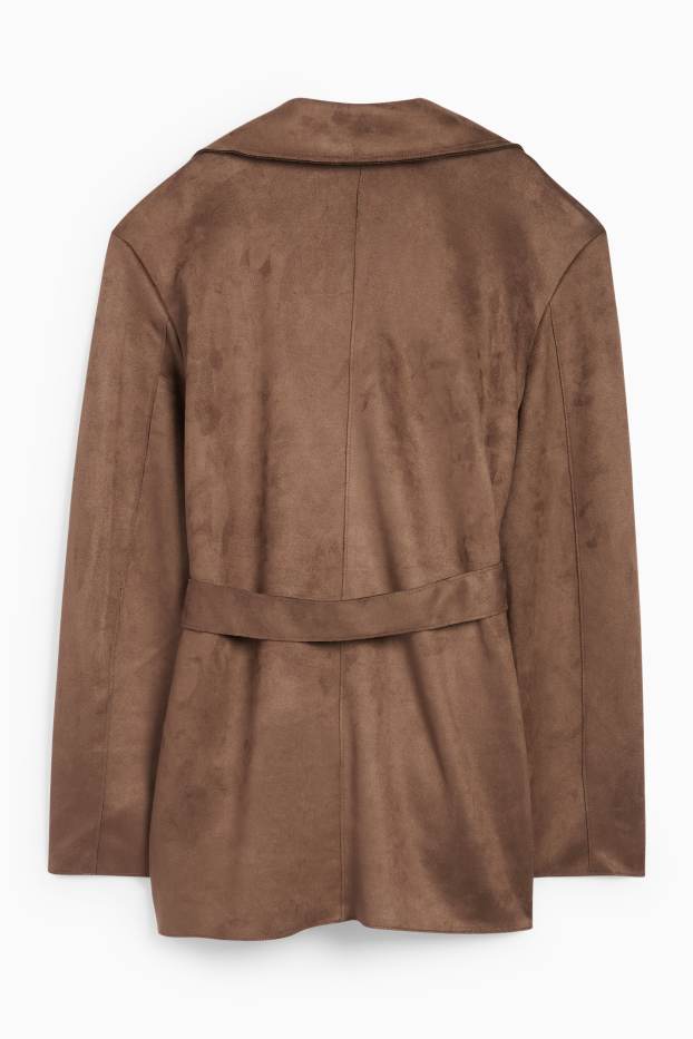 Dames - Korte trenchcoat - imitatiesuède - donkerbruin
