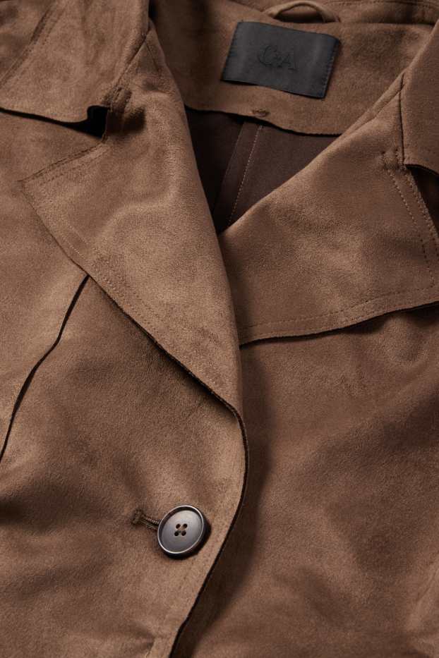 Dames - Korte trenchcoat - imitatiesuède - donkerbruin