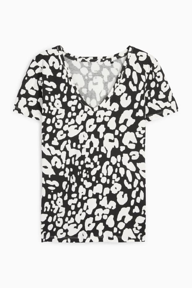 Damen - T-Shirt mit V-Ausschnitt - Leo-Print - schwarz / weiß