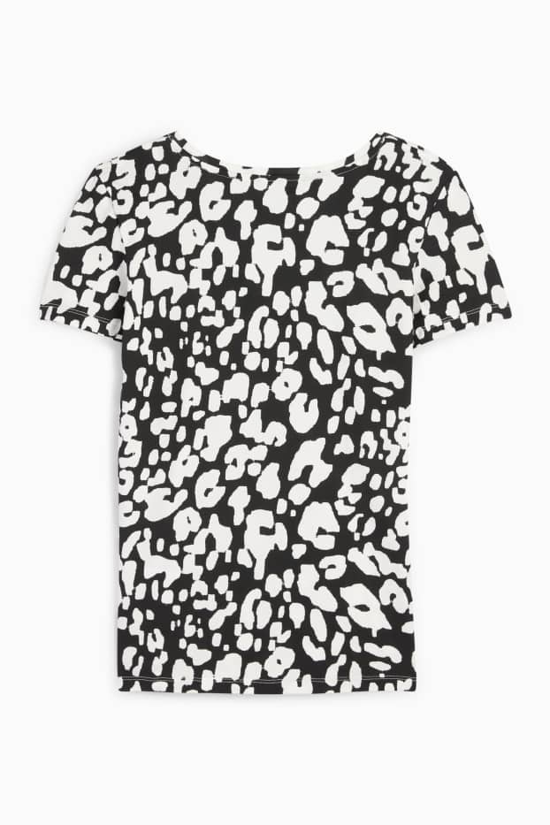 Damen - T-Shirt mit V-Ausschnitt - Leo-Print - schwarz / weiß