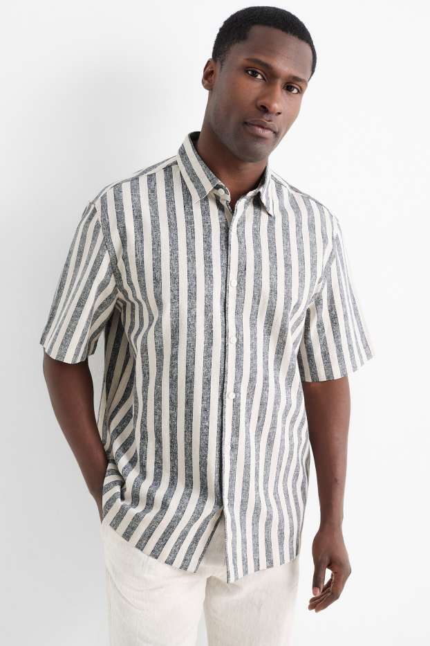 Home - Camisa - regular fit - Kent - mescla de lli - de ratlles - blau fosc