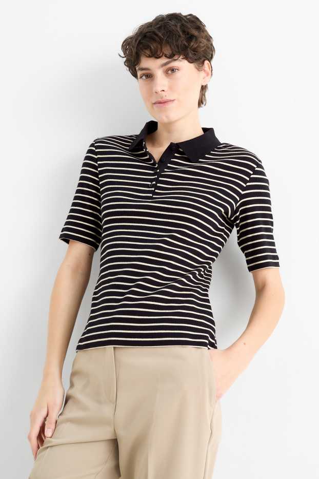 Femei - Tricou polo - reiat - cu dungi - negru