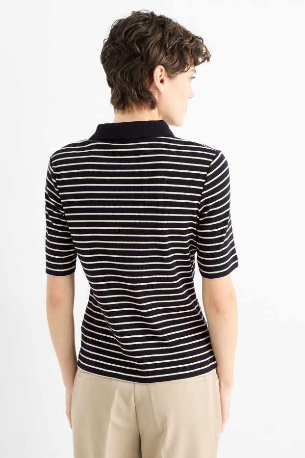Femei - Tricou polo - reiat - cu dungi - negru