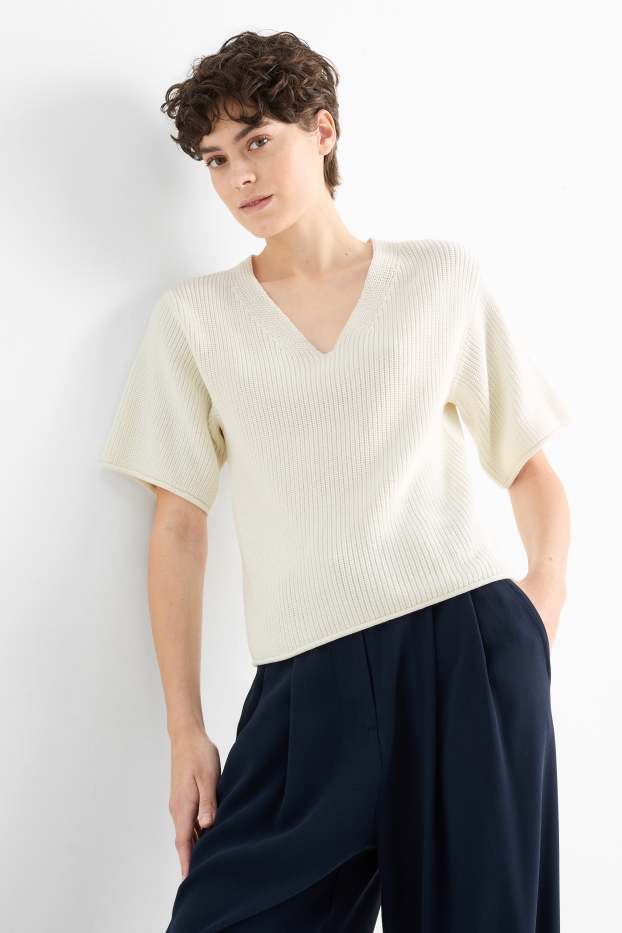 Dona - Jersei de punt de mitja amb coll en punta - de màniga curta - blanc trencat