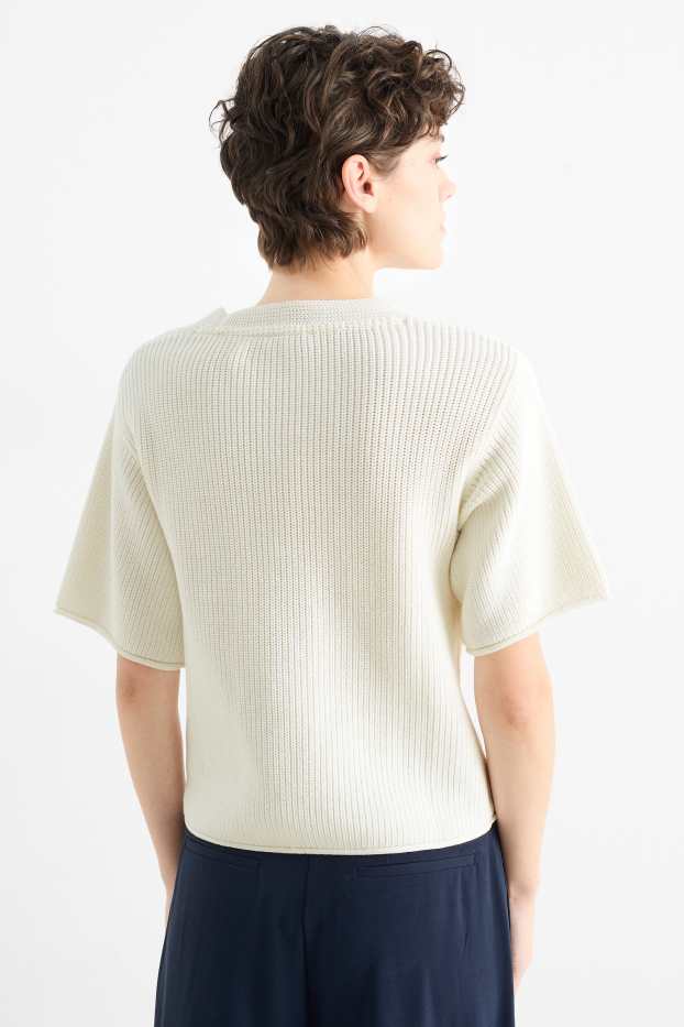 Dona - Jersei de punt de mitja amb coll en punta - de màniga curta - blanc trencat