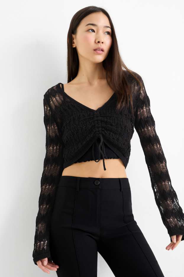 Femei - Pulover crop cu decolteu în V - negru