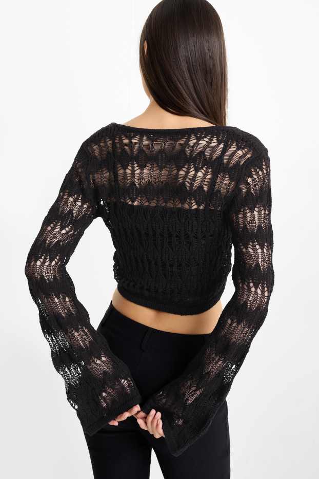 Femei - Pulover crop cu decolteu în V - negru