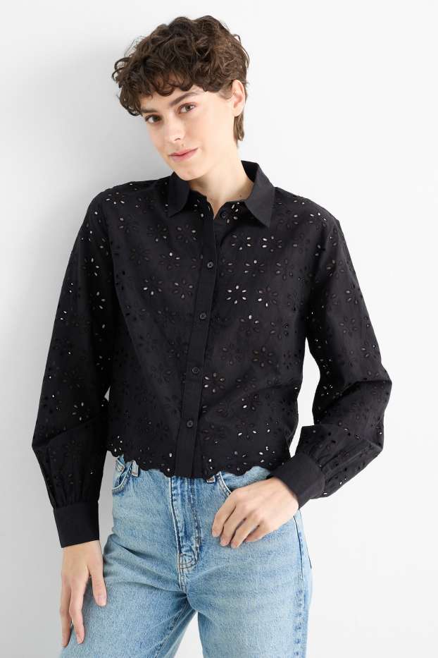Women - Blouse - broderie anglaise - black