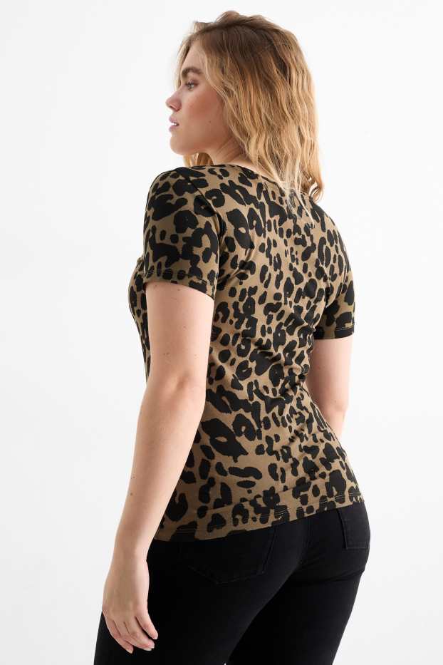 Donna - T-shirt scollo a V - stampa leopardata - verde scuro / nero