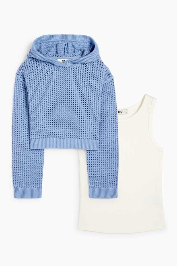 Enfants filles - Ensemble - pull à capuche et top - 2 pièces - bleu