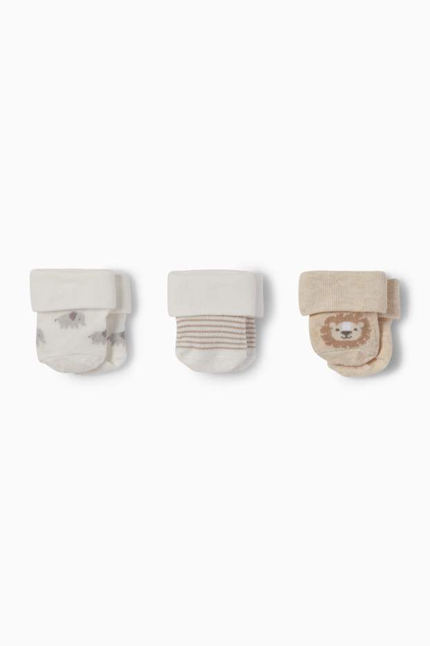 Unisex - Set van 3 paar - leeuw en olifant - newbornsokken - crème wit