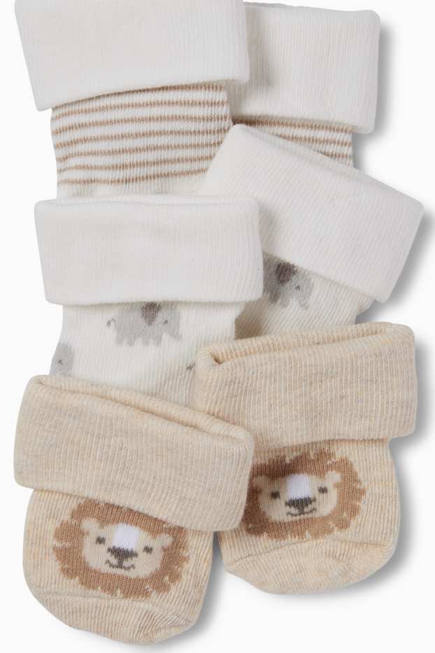 Unisex - Set van 3 paar - leeuw en olifant - newbornsokken - crème wit