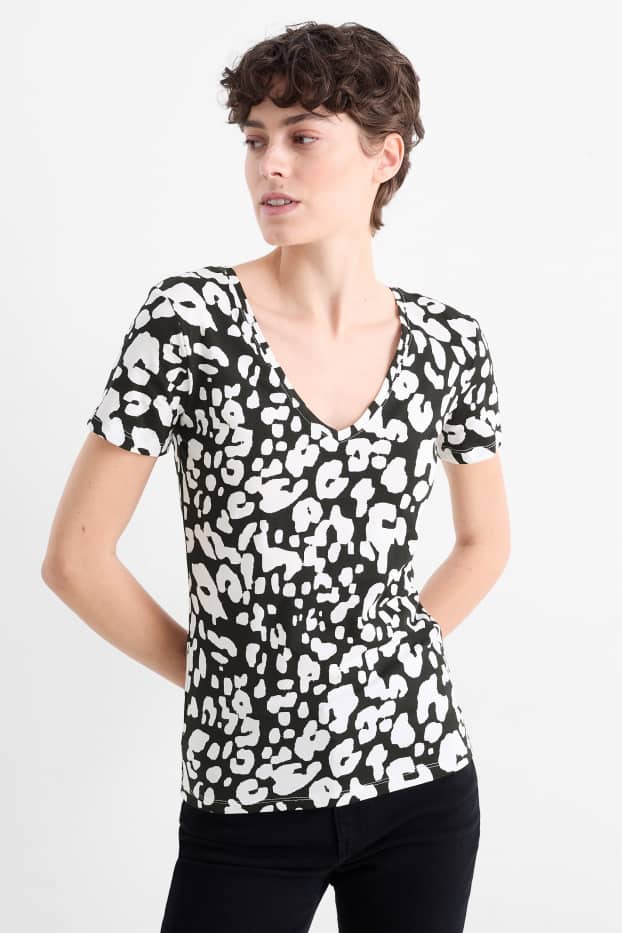 Damen - T-Shirt mit V-Ausschnitt - Leo-Print - schwarz / weiß