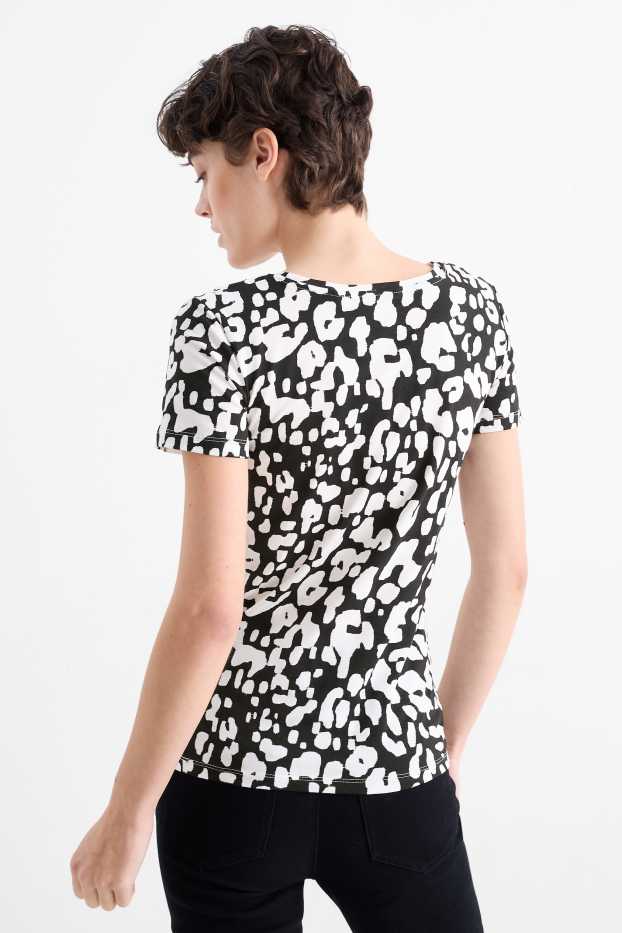 Damen - T-Shirt mit V-Ausschnitt - Leo-Print - schwarz / weiß