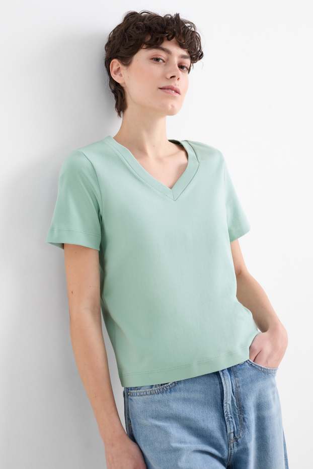 Femmes - T-shirt basique à encolure en V - vert menthe